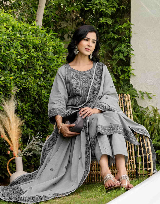 Grey Cotton Kurta Set with Dupatta Soft & Light Daytime Wear for Women