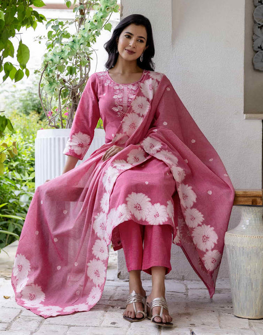 Cotton Straight Woven Design Round Neck Kurta with Pant & Dupatta