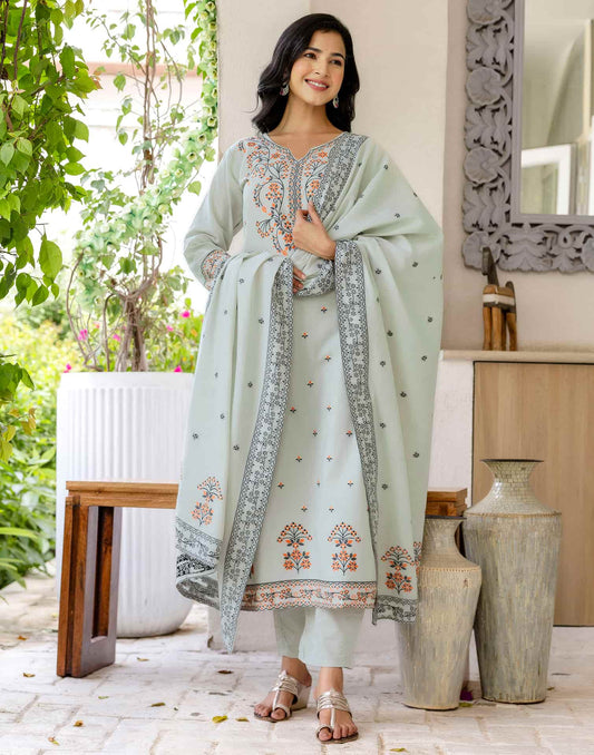 Grey Cotton Woven Straight Kurta Set with Pant & Dupatta under 1250