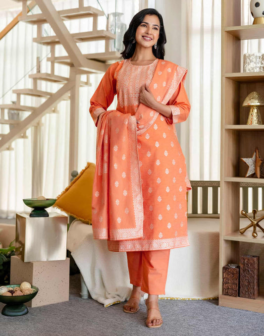 Orange Cotton Woven Straight Kurta Set with Pant & Dupatta under 1250