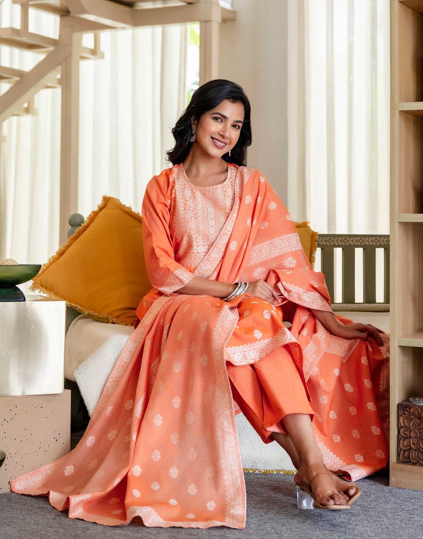 Orange Cotton Woven Straight Kurta Set with Pant & Dupatta under 1250