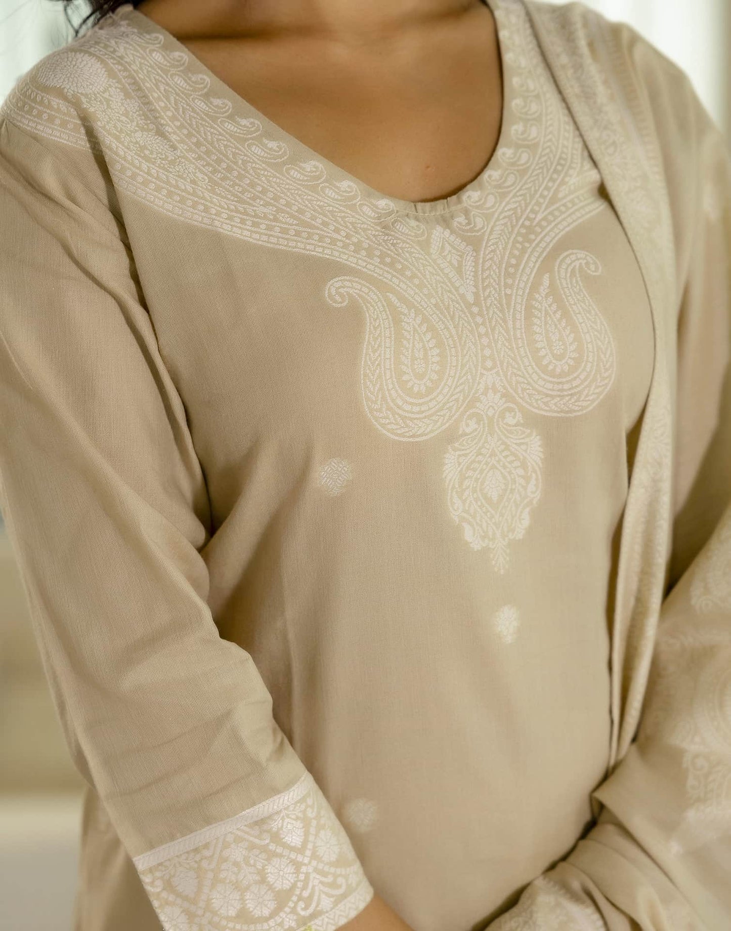 Beige Cotton Woven Straight Kurta Set with Pant & Dupatta under 1250