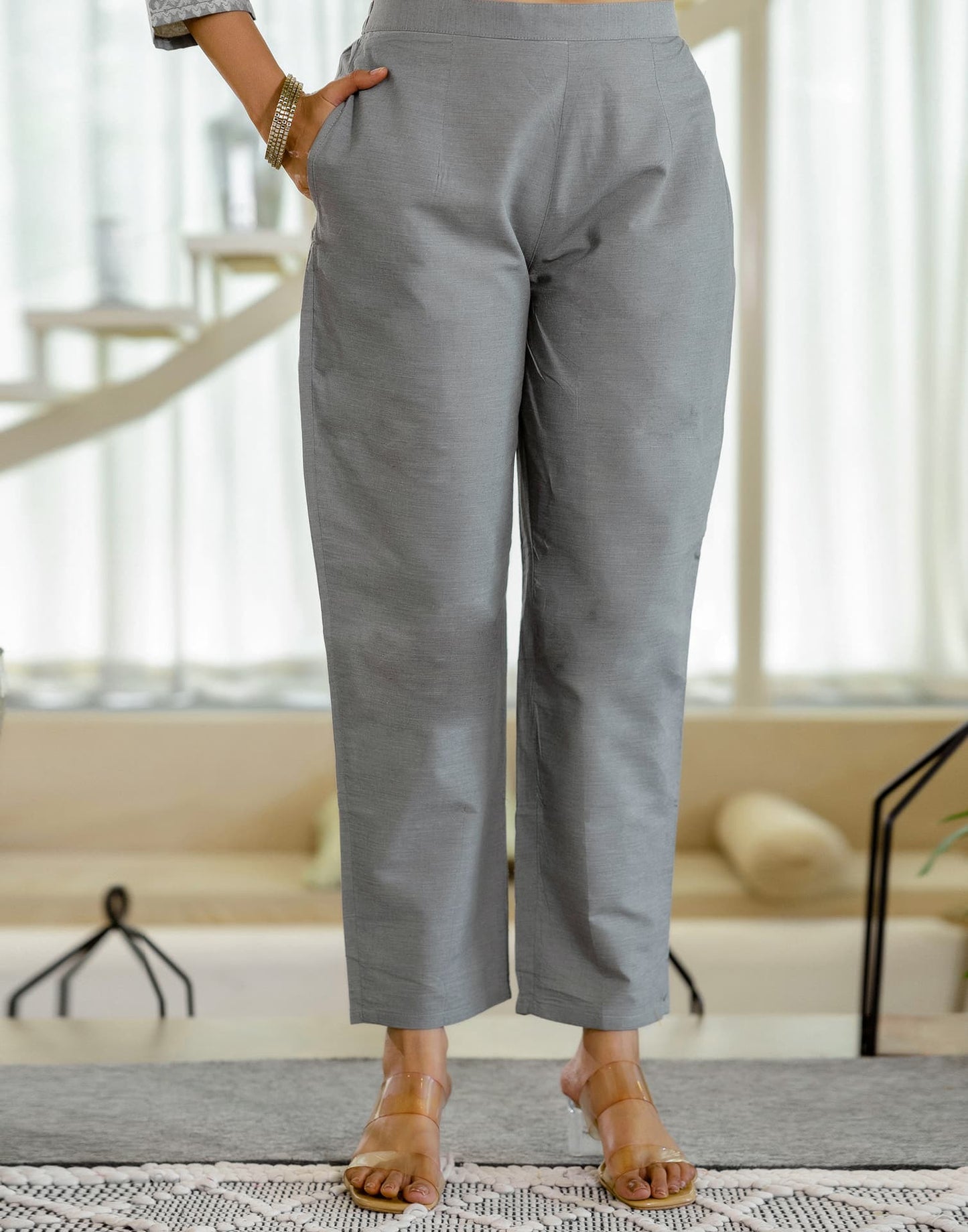 Grey Cotton Woven Straight Kurta Set with Pant & Dupatta under 1250