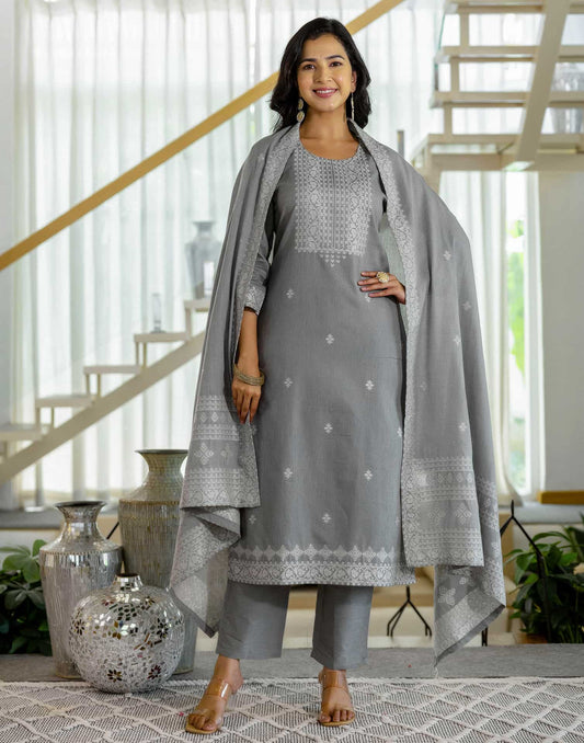 Grey Cotton Woven Straight Kurta Set with Pant & Dupatta under 1250
