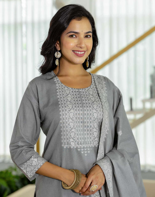 Grey Cotton Woven Straight Kurta Set with Pant & Dupatta under 1250