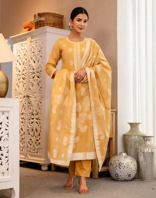 Yellow Cotton Woven Straight Kurta Set with Pant & Dupatta under 1250