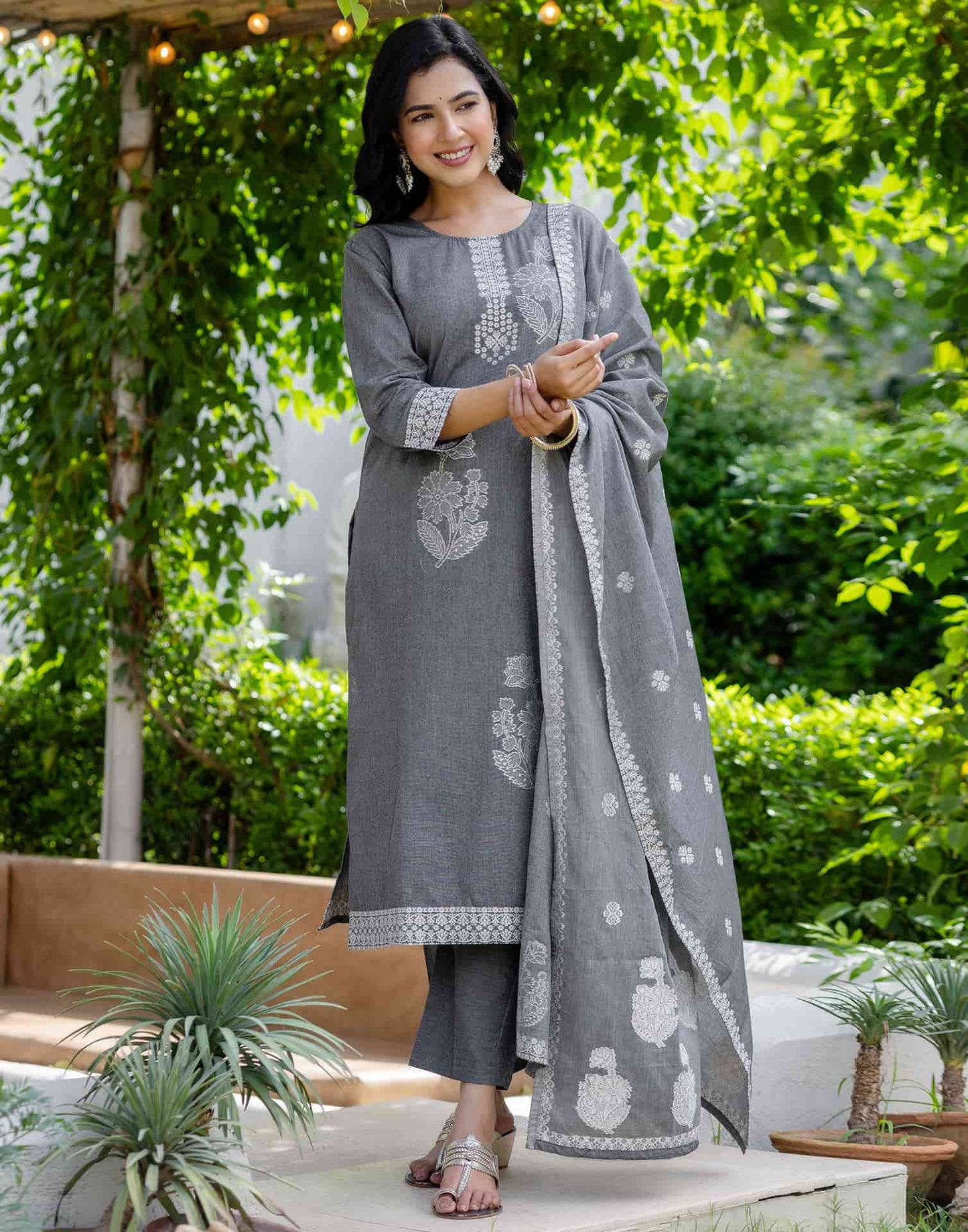 Grey Cotton Woven Straight Kurta Set with Pant & Dupatta under 1250
