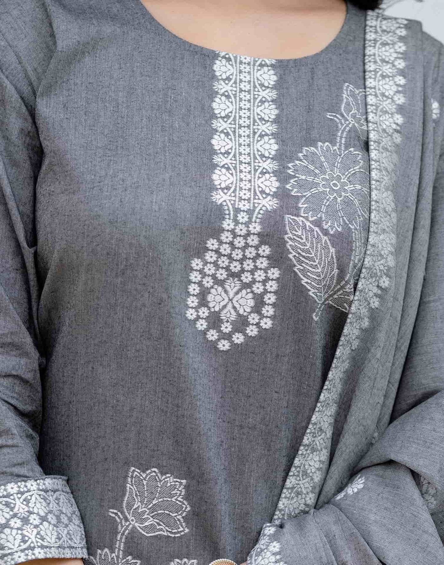 Grey Cotton Woven Straight Kurta Set with Pant & Dupatta under 1250
