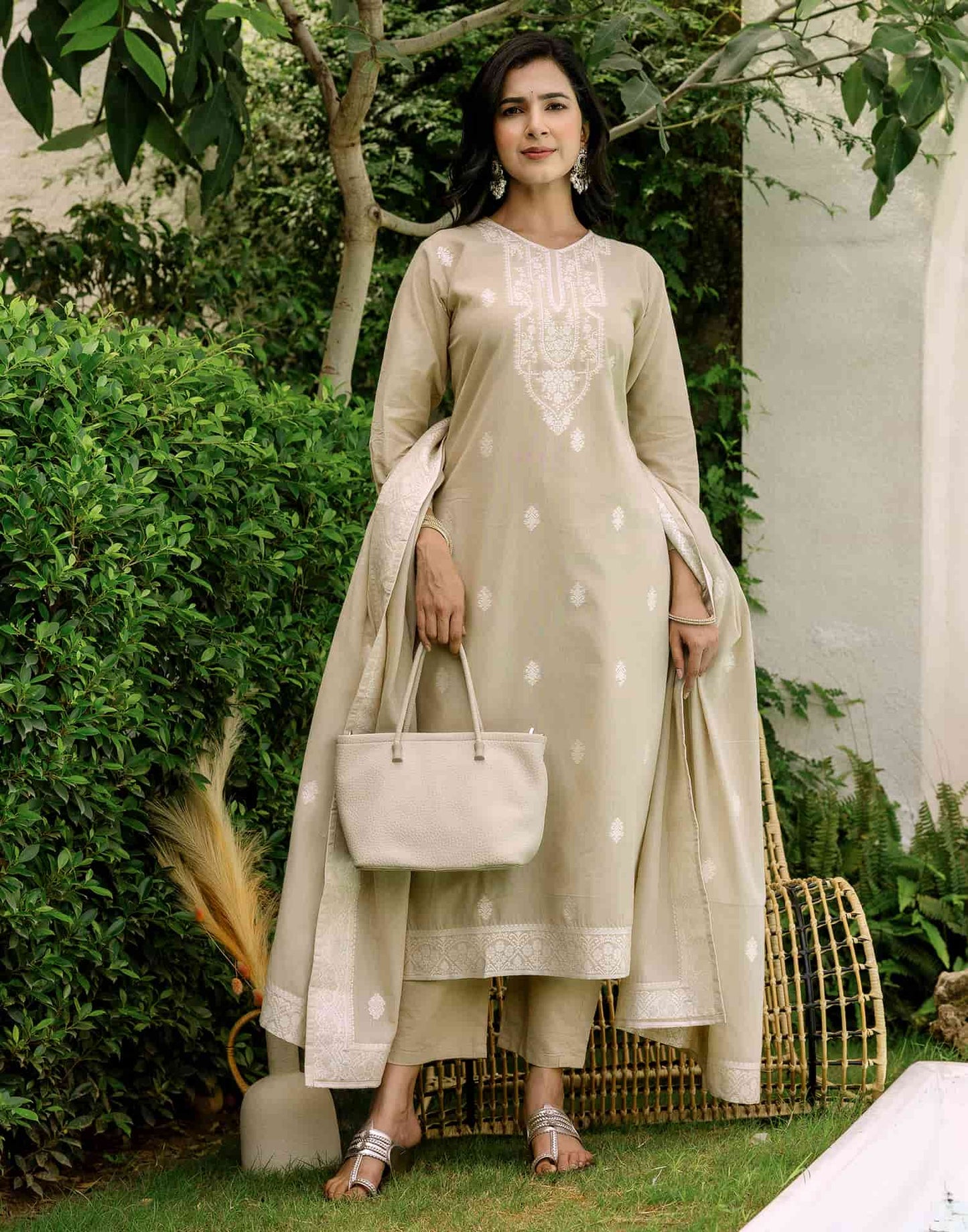 Beige Cotton Woven Straight Kurta Set with Pant & Dupatta under 1250