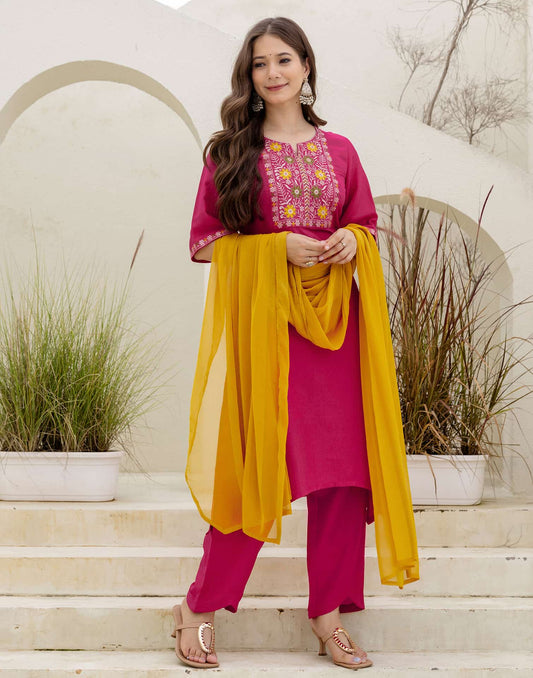 Chinnon Straight Embroidery V-Neck Kurta with Pant & Dupatta