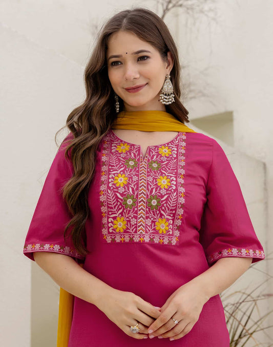 Chinnon Straight Embroidery V-Neck Kurta with Pant & Dupatta