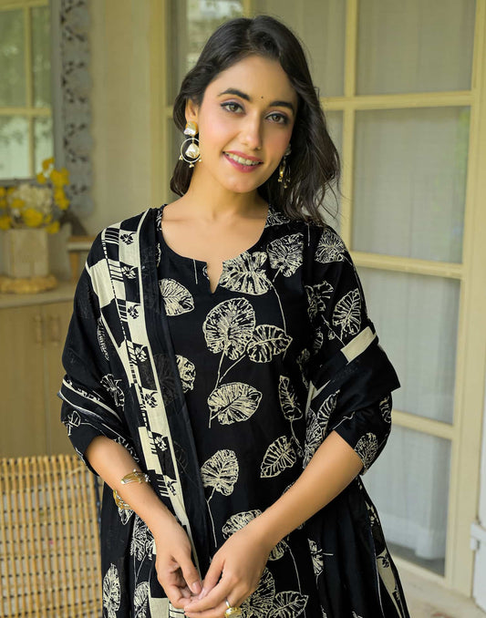 Cotton Straight Printed V-Neck Kurta with Pant & Dupatta