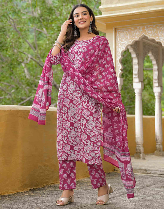 Cotton Straight Printed Round Neck Kurta with Pant & Dupatta