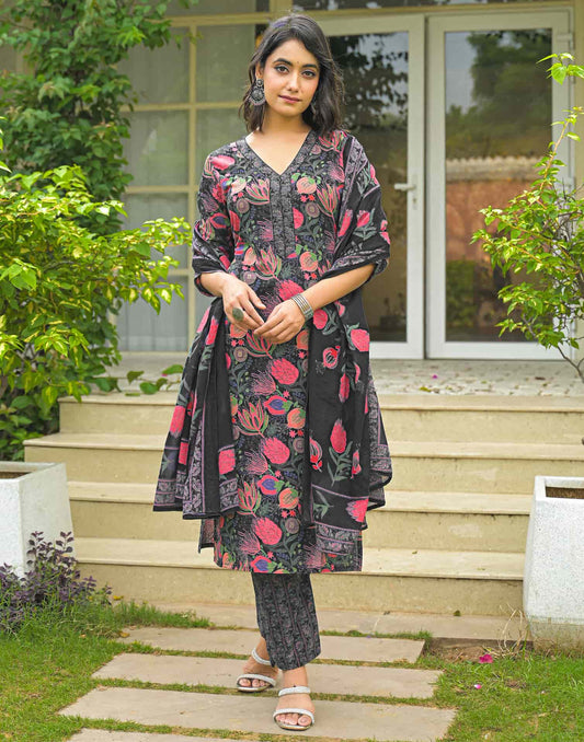 Cotton Straight Printed V-Neck Kurta with Pant & Dupatta