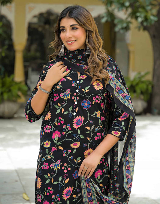 Cotton Straight Printed Round Neck Kurta with Pant & Dupatta