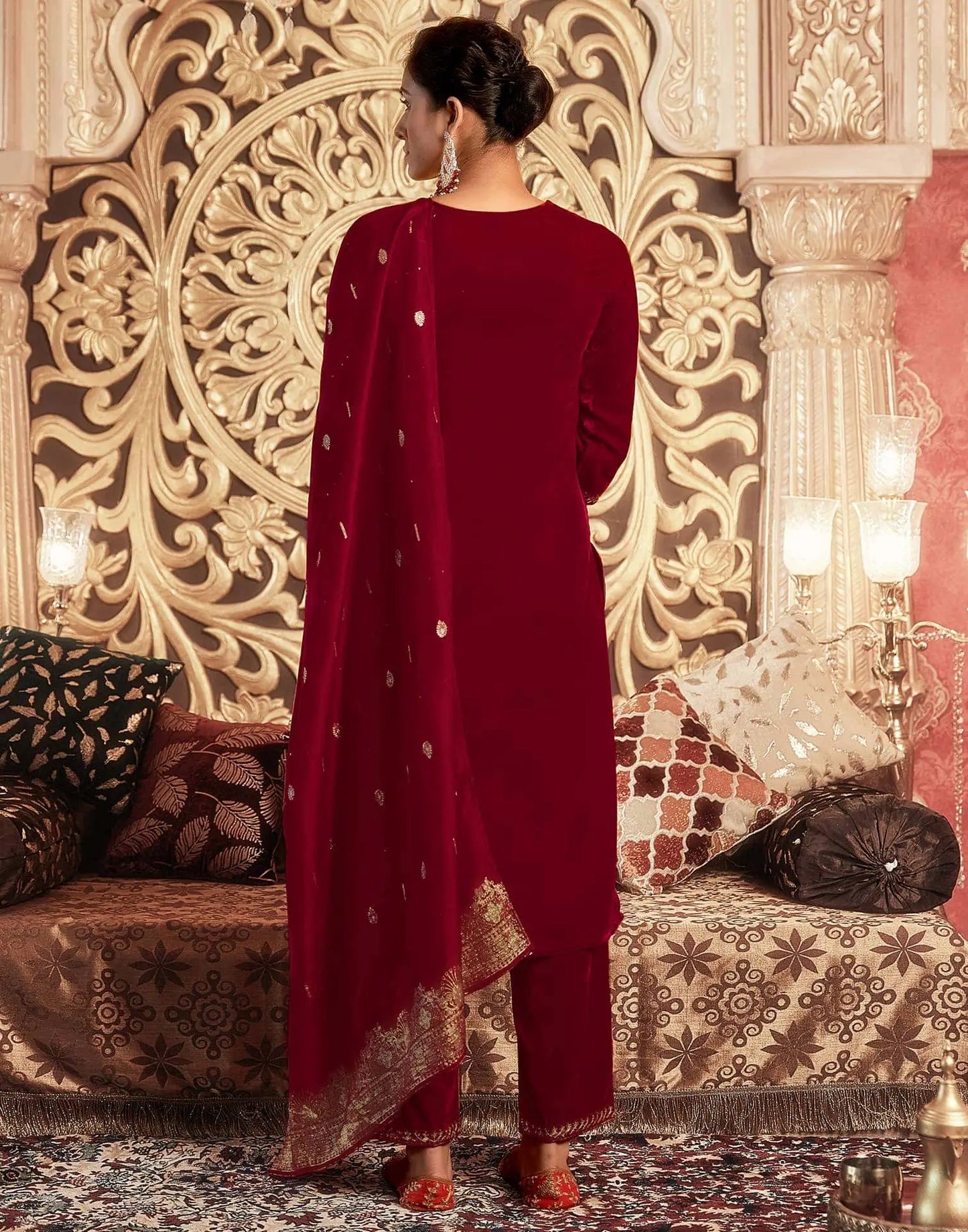 Affordable red velvet elegant kurta set with dupatta