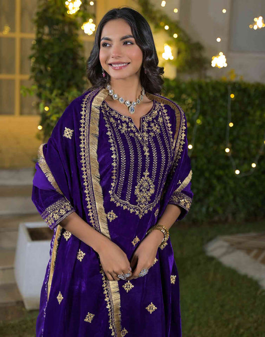 Velvet Straight Embroidered V-Neck Kurta with Pant & Dupatta