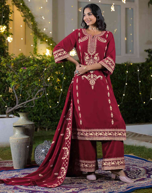 Velvet Straight Embroidered V-Neck Kurta with Pant & Dupatta