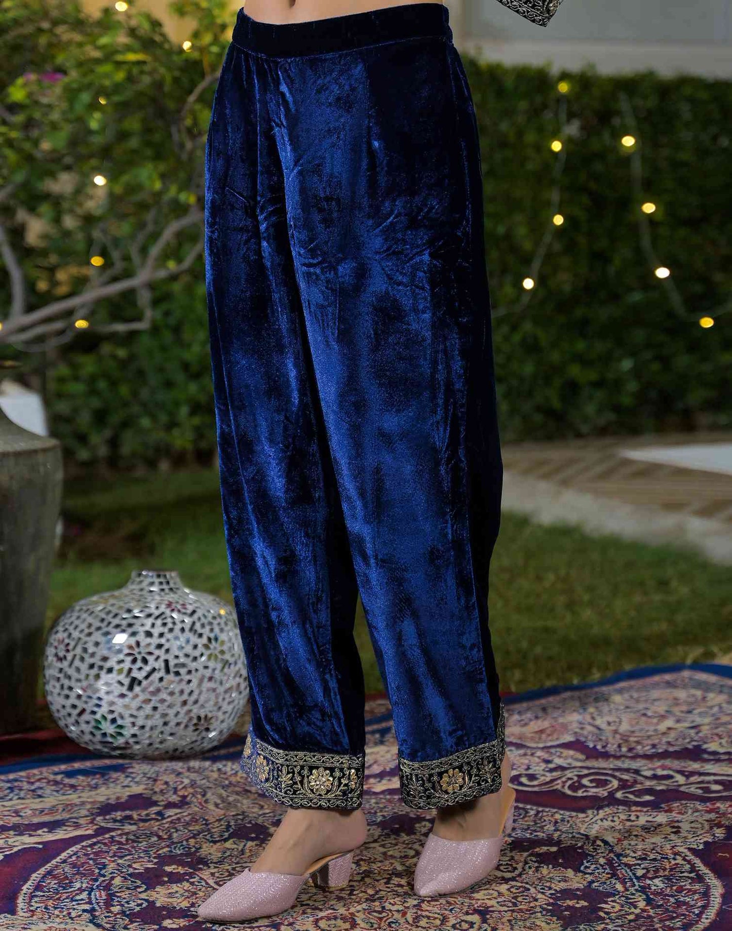Velvet Straight Embroidered V-Neck Kurta with Pant & Dupatta