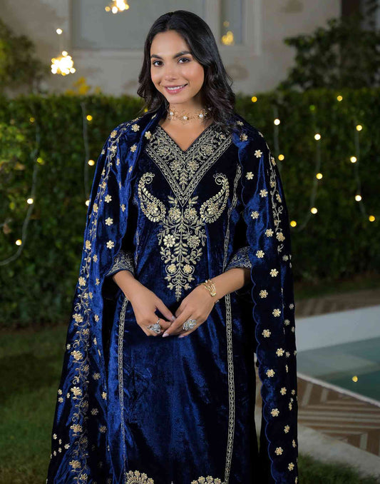Velvet Straight Embroidered V-Neck Kurta with Pant & Dupatta