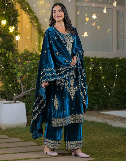 Velvet Straight Embroidered Round Neck Kurta with Pant & Dupatta