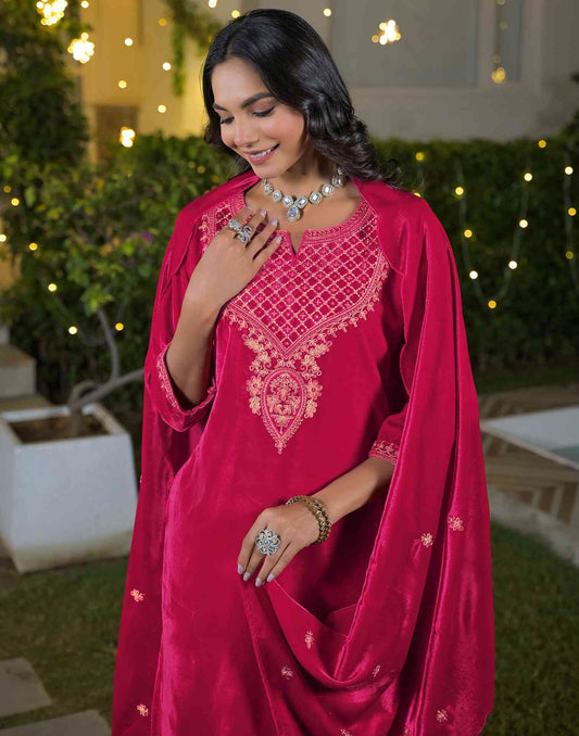 Velvet Straight Embroidered V-Neck Kurta with Pant & Dupatta