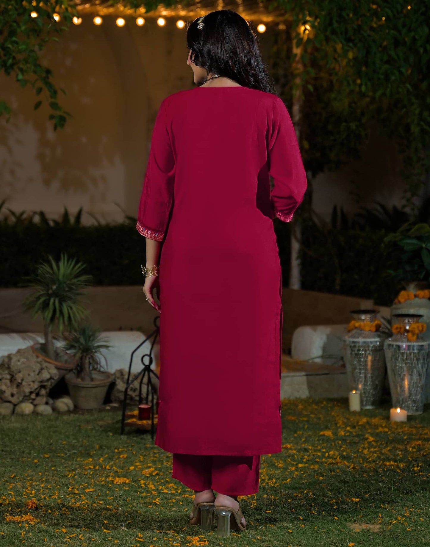 Silk Straight Embroidery Round Neck Kurta with Pant & Dupatta