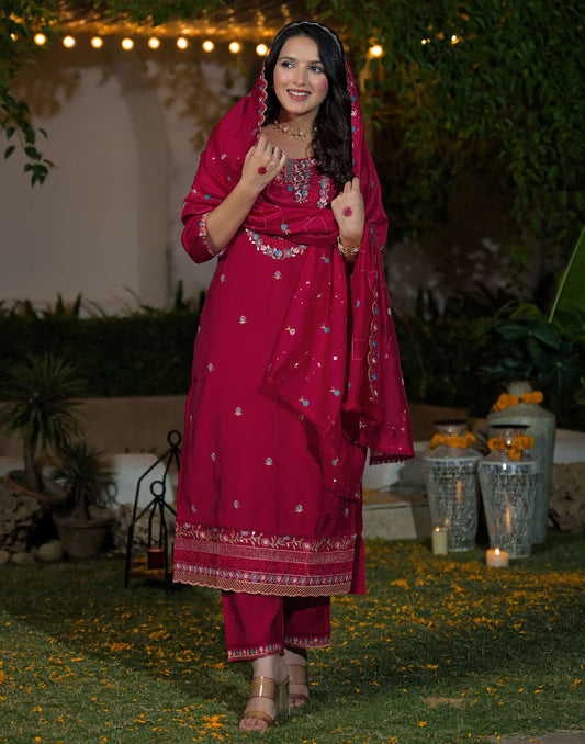 Silk Straight Embroidery Round Neck Kurta with Pant & Dupatta