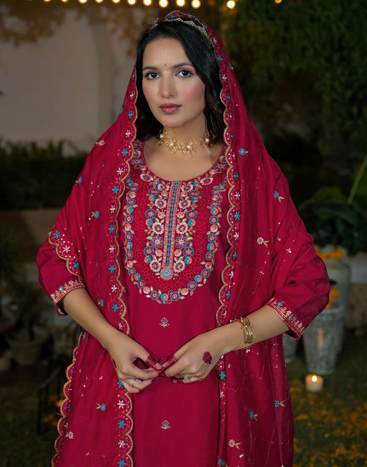 Silk Straight Embroidery Round Neck Kurta with Pant & Dupatta