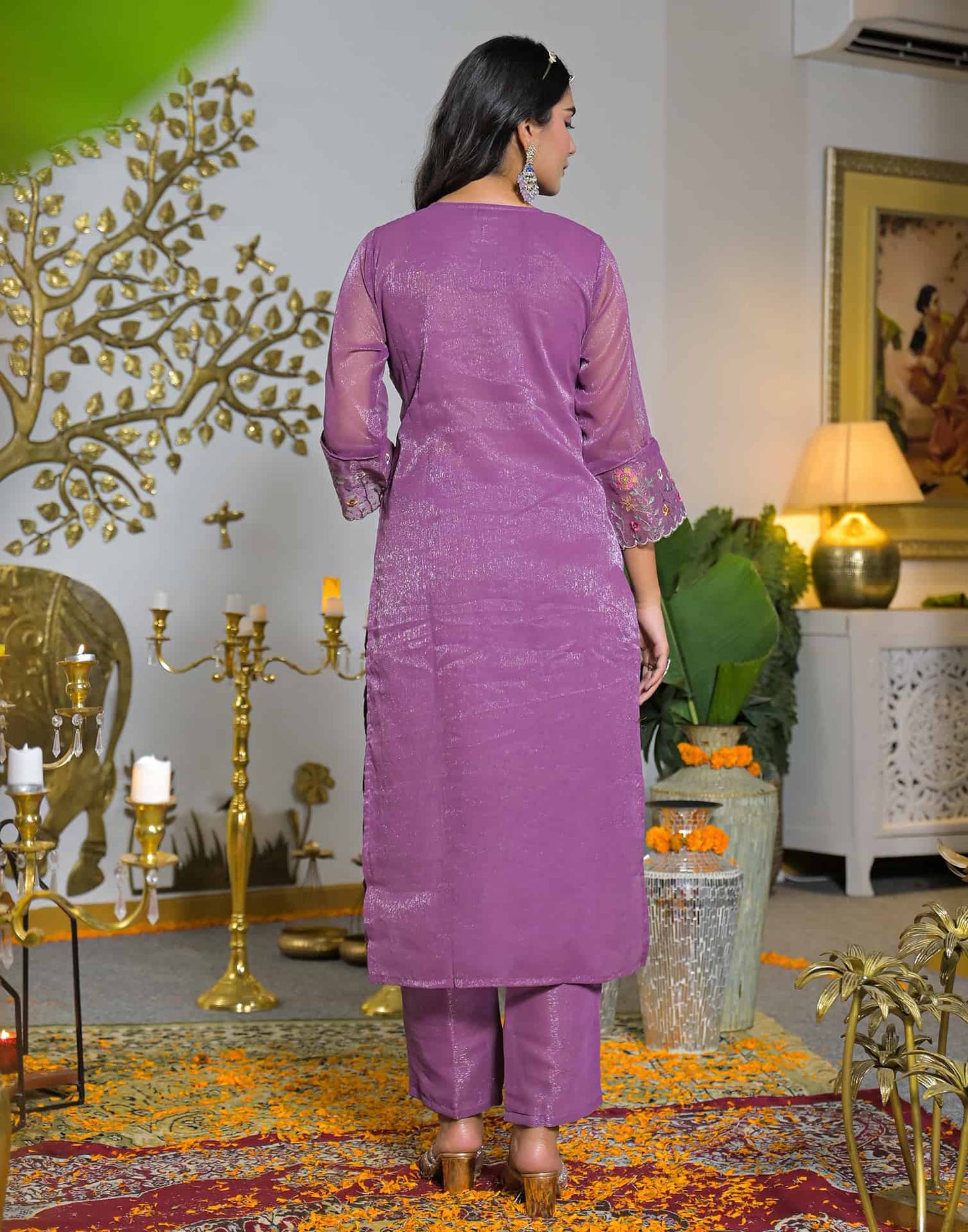 Shimmer Chiffon Straight Embroidery Round Neck Kurta with Pant & Dupatta