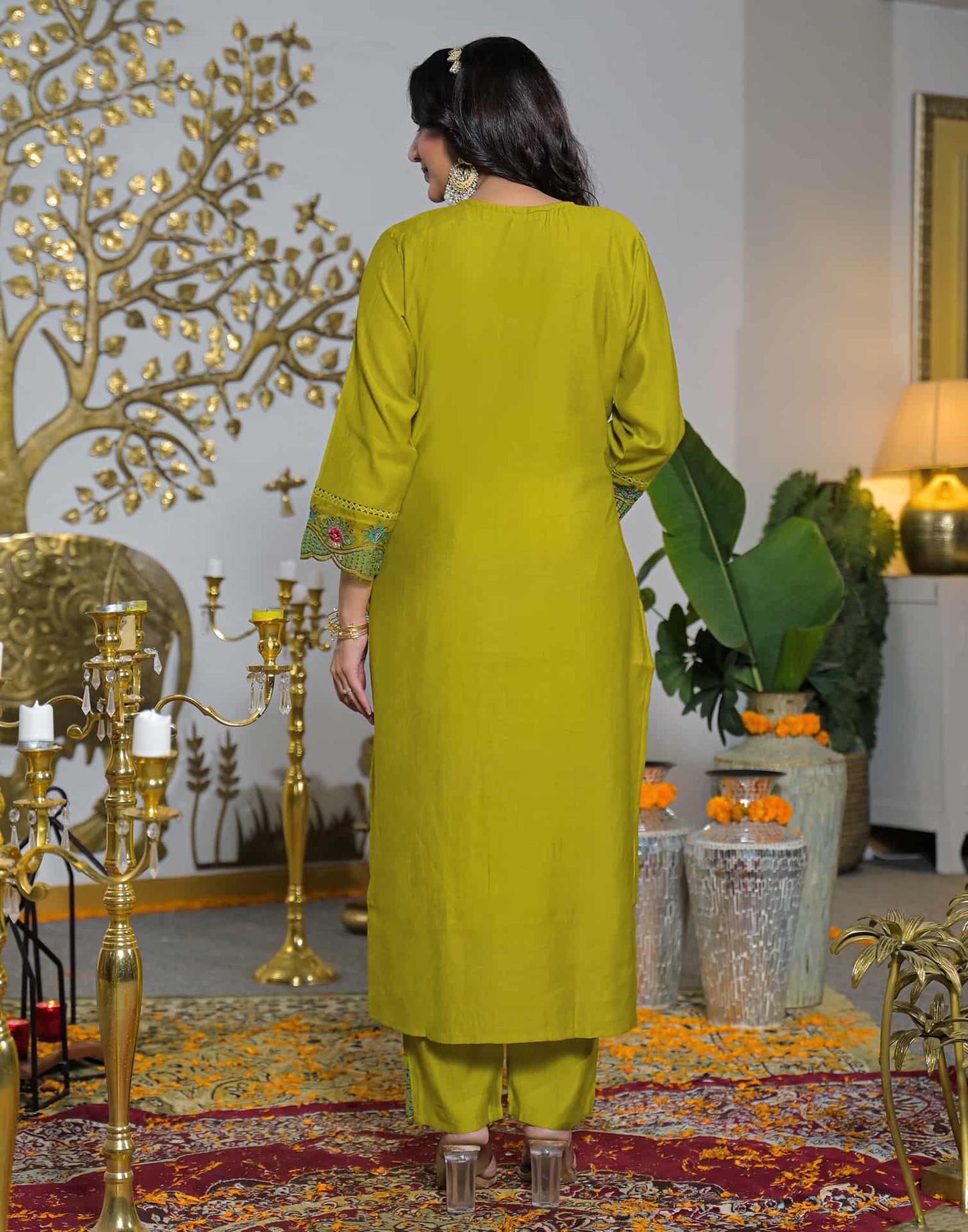 Silk Straight Embroidery Round Neck Kurta with Pant & Dupatta