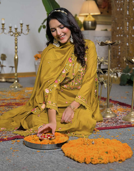 Silk Straight Embroidery Round Neck Kurta with Pant & Dupatta