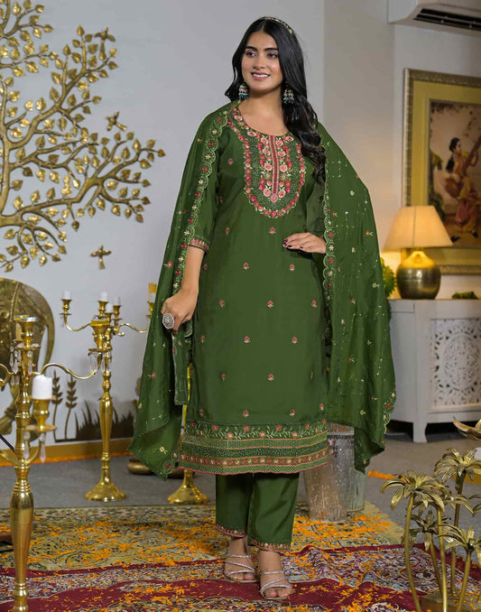 Silk Straight Embroidery Round Neck Kurta with Pant & Dupatta