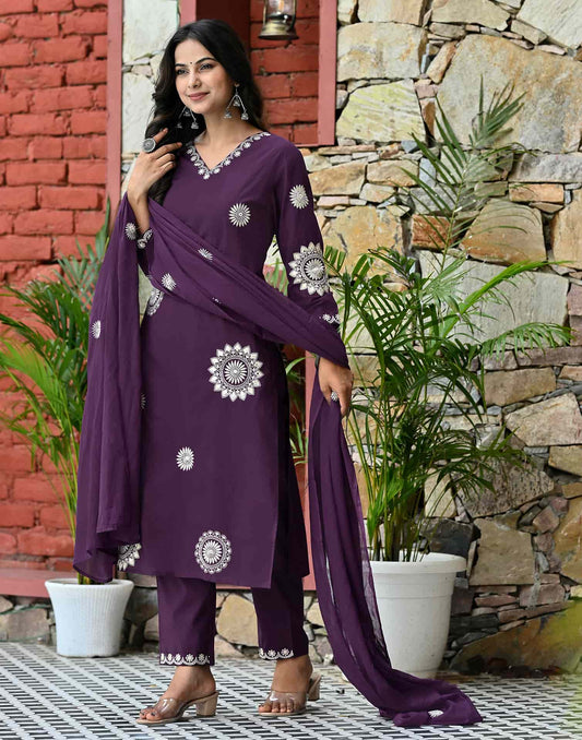 Cotton Straight Embroidery V-Neck Kurta with Pant & Dupatta