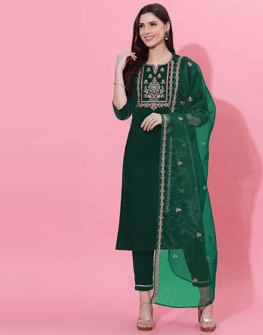 Dark Green Velvet Straight Kurta Set with Pants & Dupatta under 1000