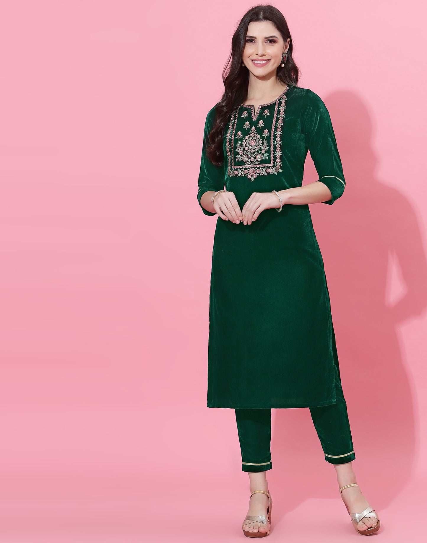 Dark Green Velvet Straight Kurta Set with Pants & Dupatta under 1000