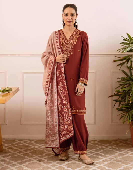 Rayon Straight Embroidery V-Neck Kurta with Pant & Dupatta