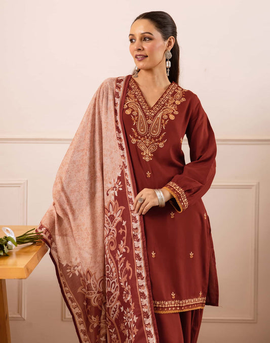 Rayon Straight Embroidery V-Neck Kurta with Pant & Dupatta