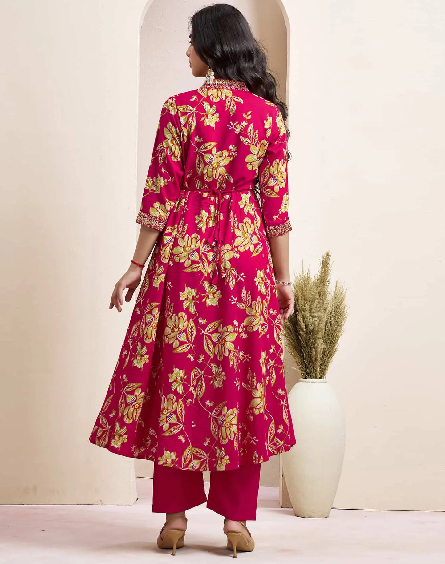 Pink Cotton Printed Anarkali Kurta Set with Pant & Dupatta for Women V-Neck, Casual & Festival Wear Under 1299