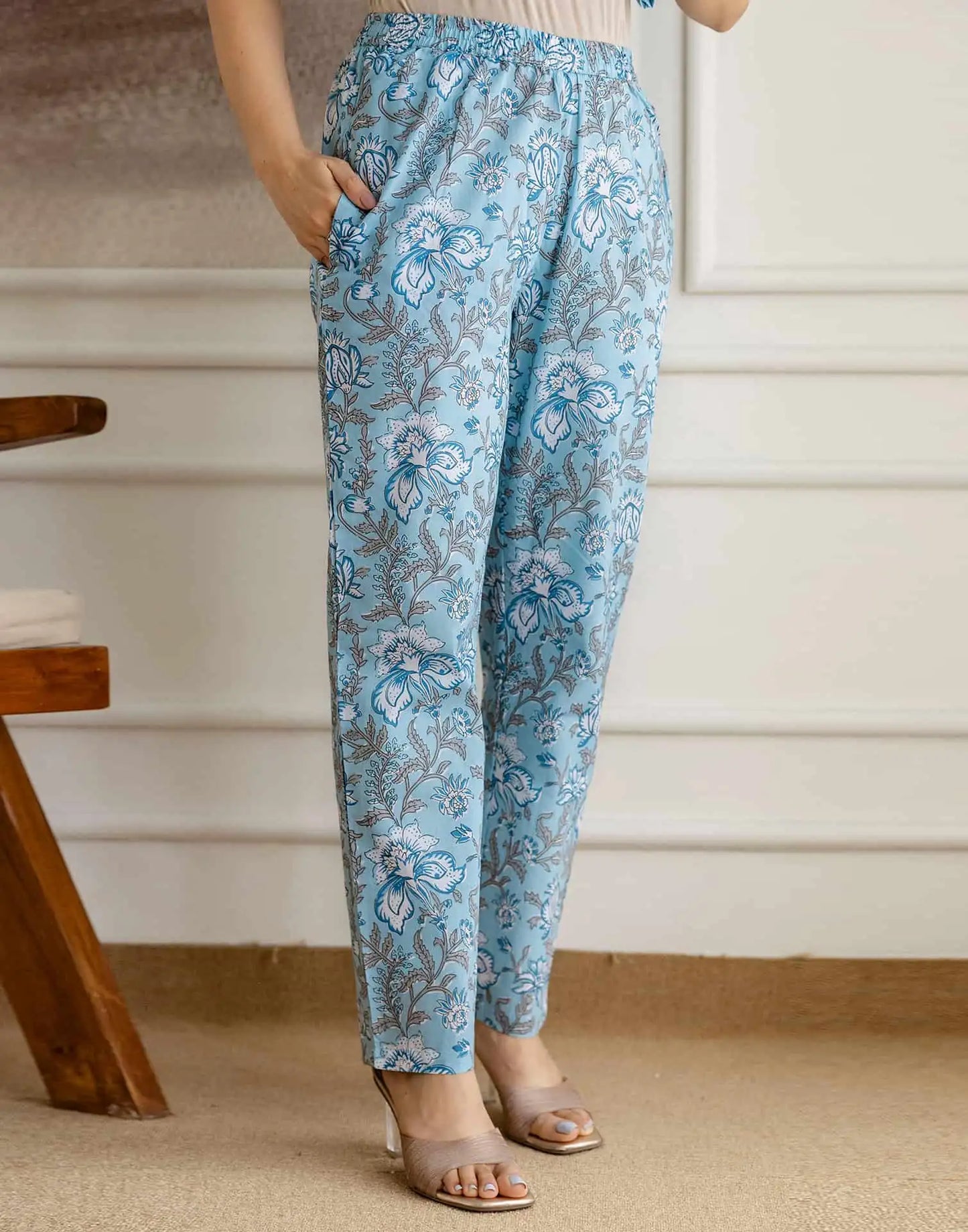 Affordable Blue Cotton Printed Straight Kurta Set with Pant & Dupatta under 999