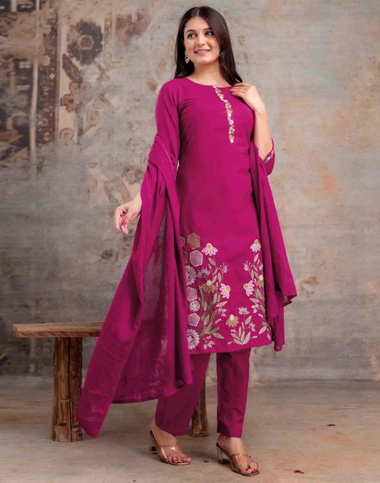 Cotton Embroidered Straight Round Neck Kurta with Pant & Dupatta