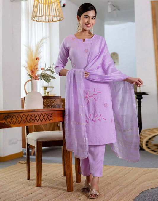 Rayon Embroidery Work and Woven Stripe Straight Kurta with Pant & Dupatta