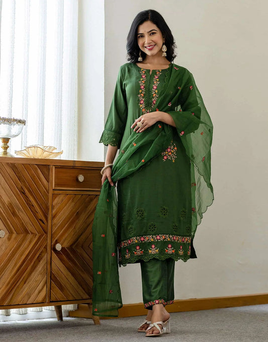 Green Silk Blend Embroidery and Sequins Work Straight Kurta with Pant and Dupatta