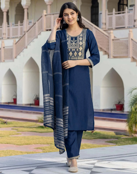 Silk Blend Weaving and Lace Straight Kurta with Pant & Dupatta
