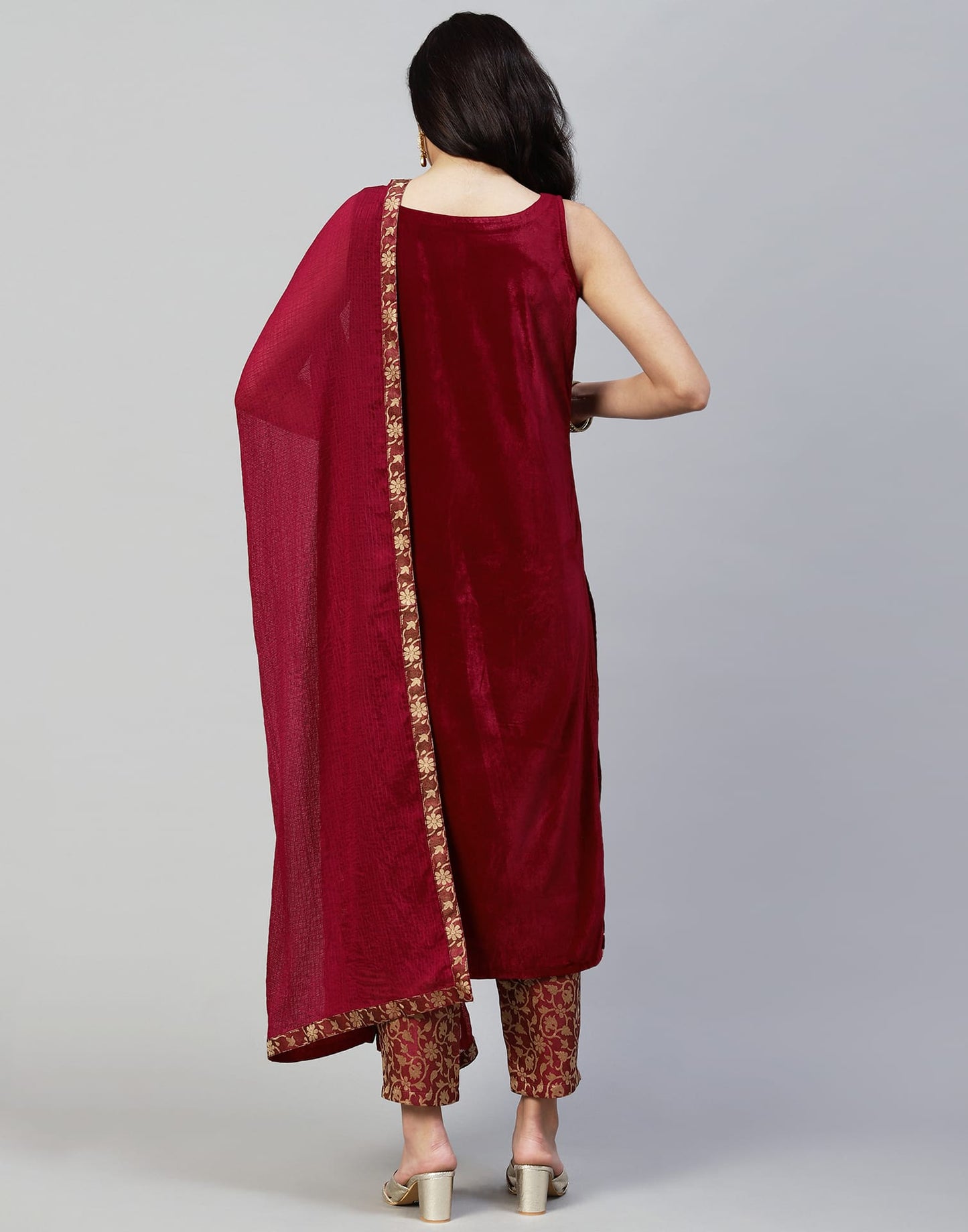 Maroon Velvet Straight Kurta Set with Pants & Dupatta under 1000