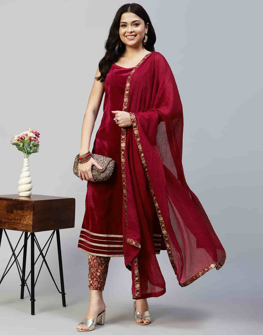 Maroon Velvet Straight Kurta Set with Pants & Dupatta under 1000