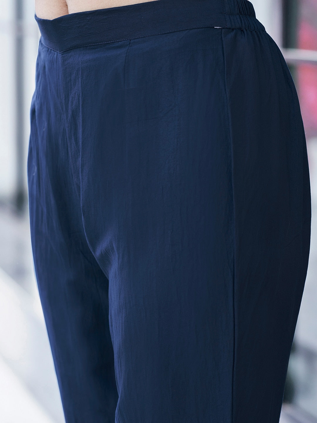 Navy Blue Silk Plain V Neck 3/4 Sleeve Straight Kurta Set With Pant & Dupatta