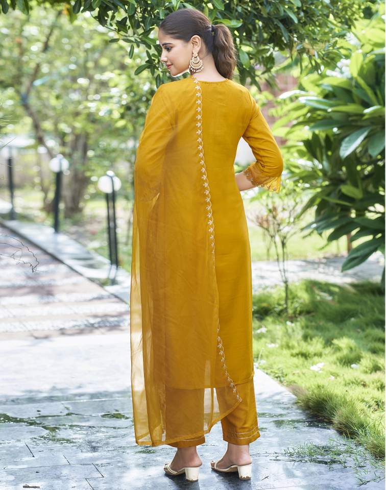 Yellow Silk Plain V Neck 3/4 Sleeve Straight Kurta Set With Pant & Dupatta