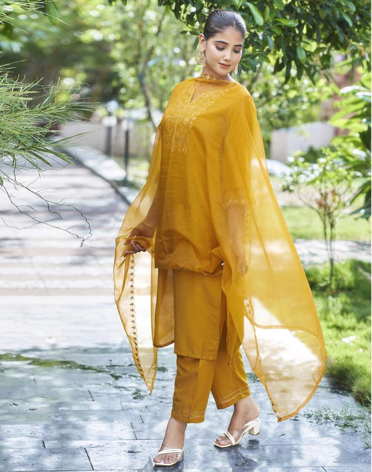 Yellow Silk Plain V Neck 3/4 Sleeve Straight Kurta Set With Pant & Dupatta