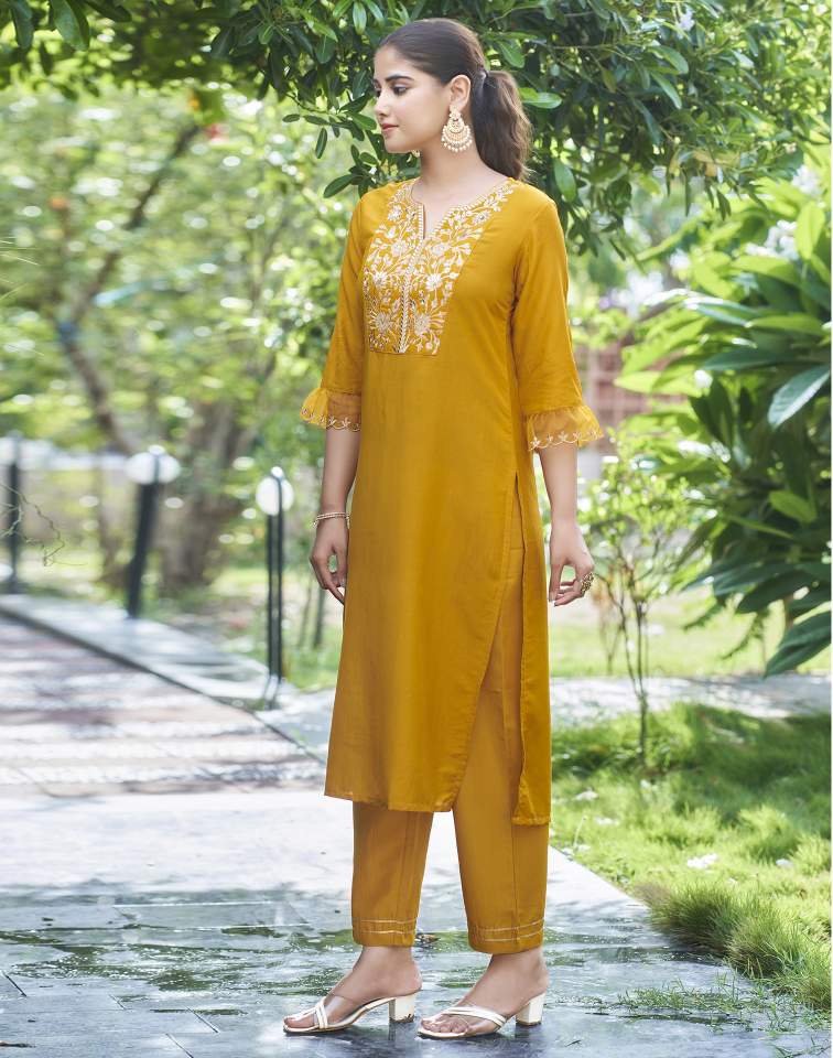 Yellow Silk Plain V Neck 3/4 Sleeve Straight Kurta Set With Pant & Dupatta